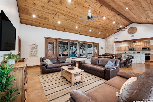 living room with beam ceiling, high vaulted ceiling, ceiling fan, and wooden ceiling