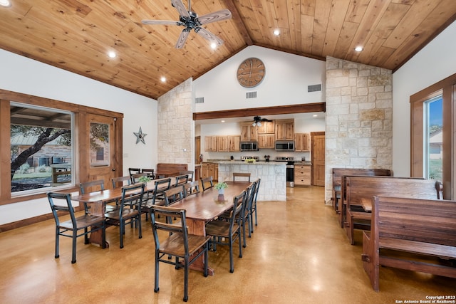 dining space with high vaulted ceiling, wood ceiling, and ceiling fan