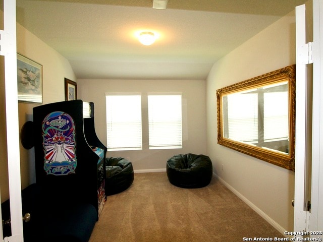 sitting room with carpet floors and lofted ceiling