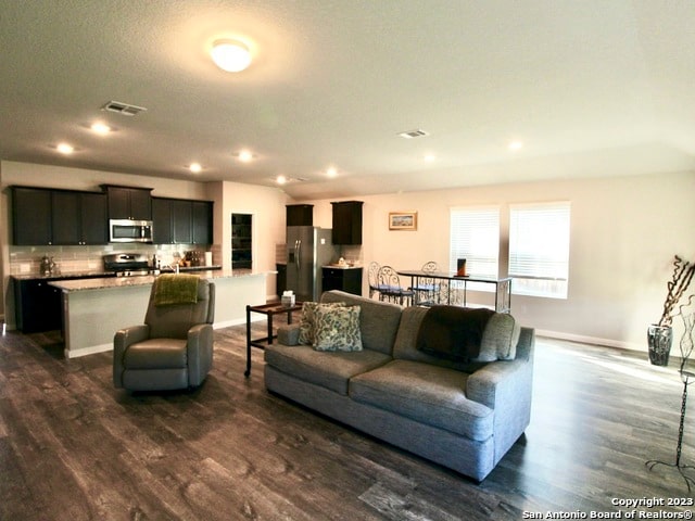 living room with dark wood-type flooring