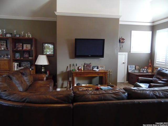 carpeted living room with ornamental molding