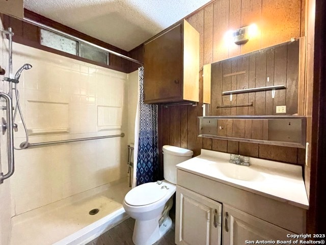 bathroom with toilet, a textured ceiling, wood walls, and vanity with extensive cabinet space