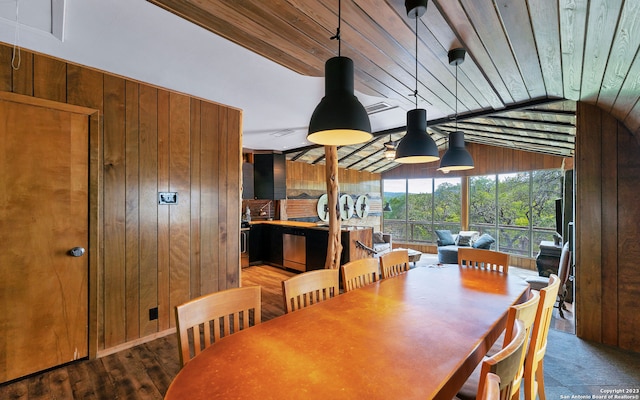 dining area with lofted ceiling, wooden walls, wooden ceiling, and light wood-type flooring