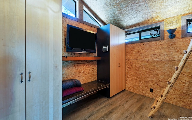 interior space featuring plenty of natural light, dark hardwood / wood-style floors, and vaulted ceiling