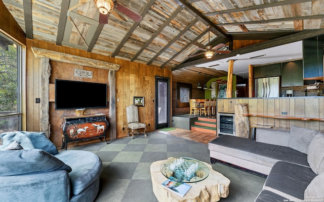 tiled living room featuring wood ceiling, wood walls, and lofted ceiling with beams