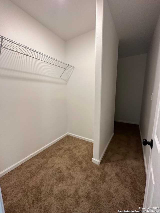 walk in closet featuring dark carpet