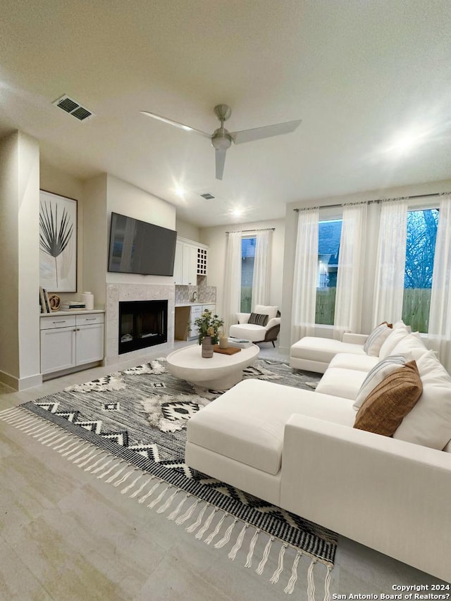 living room with ceiling fan