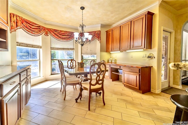 dining area featuring crown molding, an inviting chandelier, and light tile floors