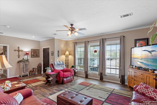 living area featuring a textured ceiling, wood finished floors, and visible vents