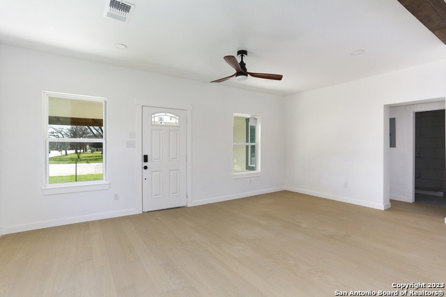 entryway featuring ceiling fan and light hardwood / wood-style flooring