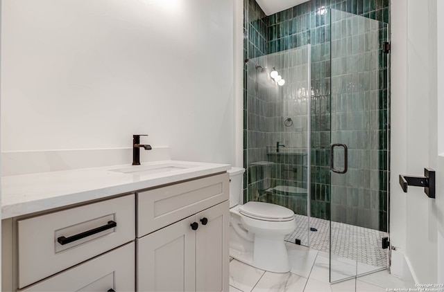 bathroom featuring tile floors, an enclosed shower, toilet, and vanity