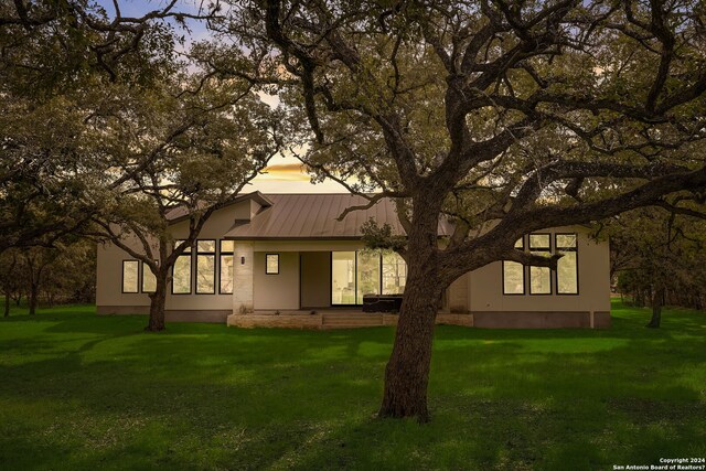 back house at dusk with a yard