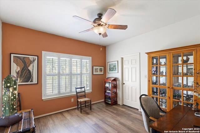 home office featuring ceiling fan and light wood-type flooring