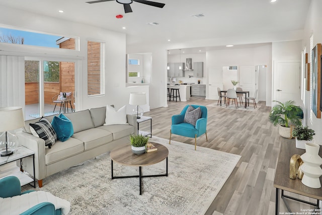 living room featuring ceiling fan and light hardwood / wood-style flooring