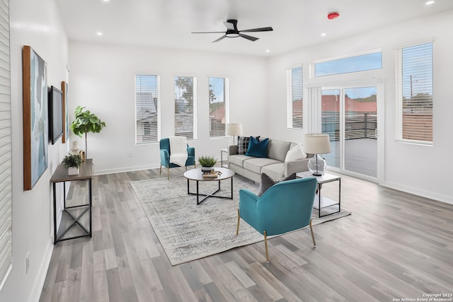 living room with plenty of natural light, ceiling fan, and light hardwood / wood-style flooring