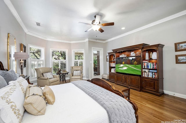 bedroom featuring crown molding, access to exterior, ceiling fan, and light hardwood / wood-style flooring