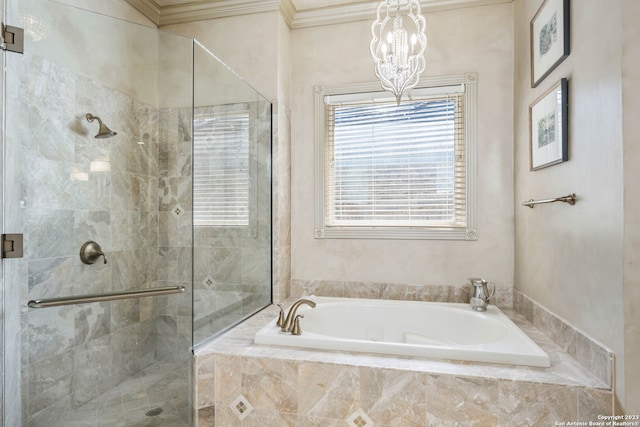 bathroom with crown molding, separate shower and tub, and a chandelier