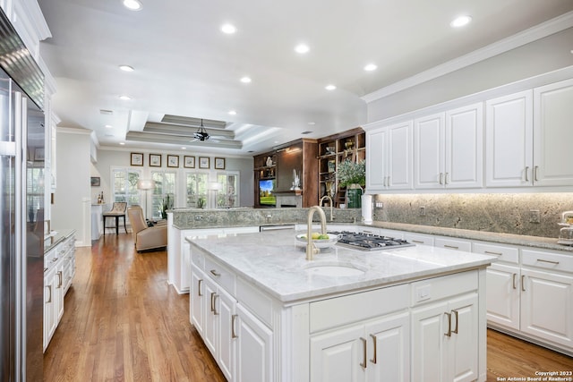 kitchen with a tray ceiling, ceiling fan, white cabinets, a kitchen island, and crown molding