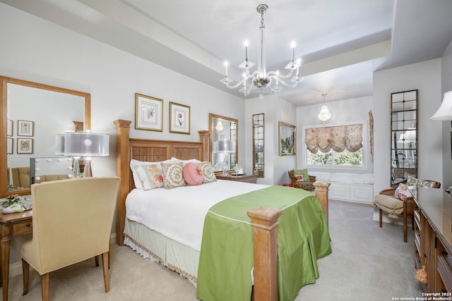 bedroom featuring light carpet and a chandelier