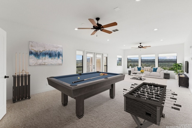 playroom featuring french doors, light colored carpet, plenty of natural light, and pool table