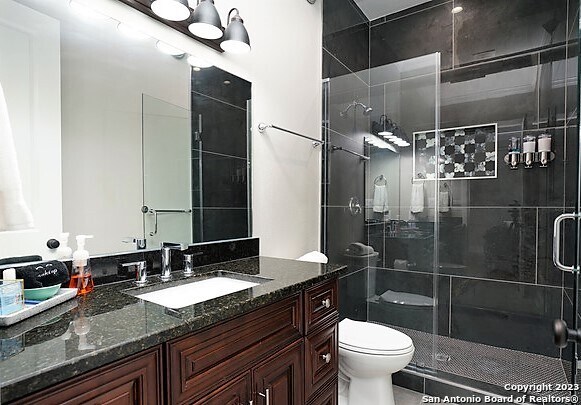 bathroom featuring vanity, toilet, and an enclosed shower