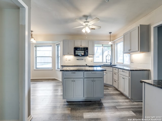 kitchen featuring plenty of natural light, ceiling fan, and hardwood / wood-style flooring