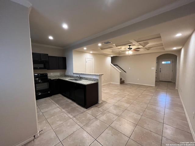 kitchen featuring range, coffered ceiling, ceiling fan, sink, and crown molding