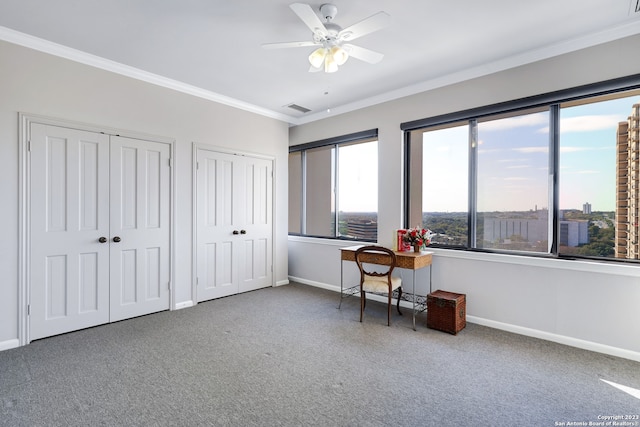 carpeted bedroom featuring multiple closets, ceiling fan, and crown molding