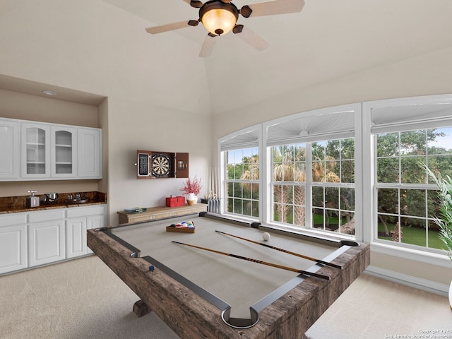 game room featuring ceiling fan, light colored carpet, high vaulted ceiling, and billiards