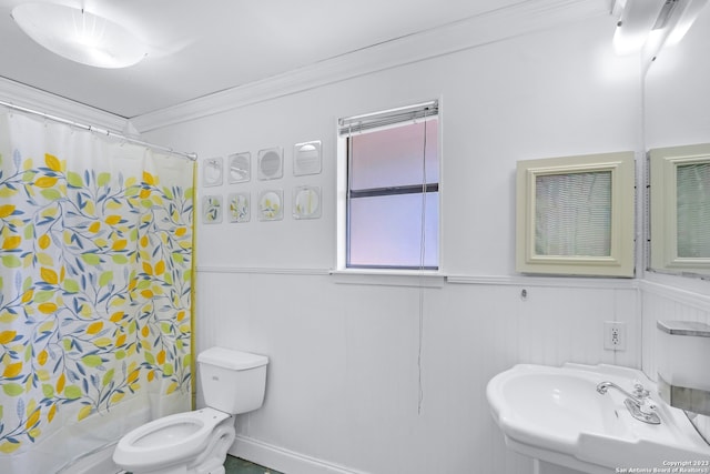 bathroom with sink, crown molding, and toilet