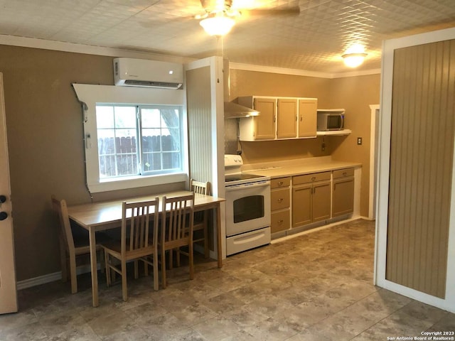 kitchen featuring a wall mounted air conditioner, light tile floors, and electric range