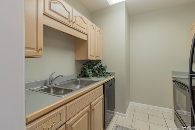 kitchen featuring sink, light tile floors, dishwasher, range, and light brown cabinets