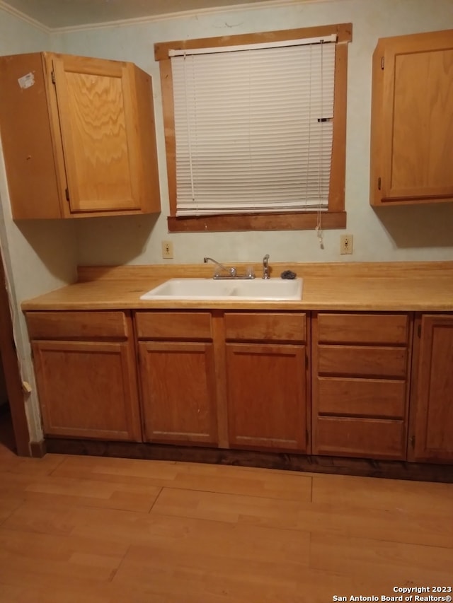 kitchen with sink, crown molding, and light wood-type flooring