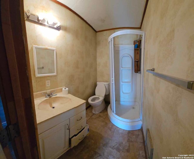 bathroom featuring lofted ceiling, tile patterned floors, toilet, and vanity