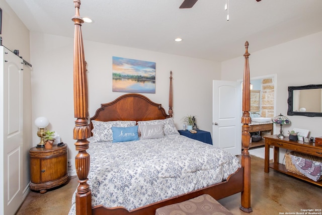 bedroom featuring ceiling fan and concrete floors