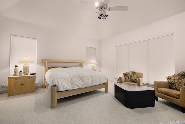 bedroom with light colored carpet and ceiling fan