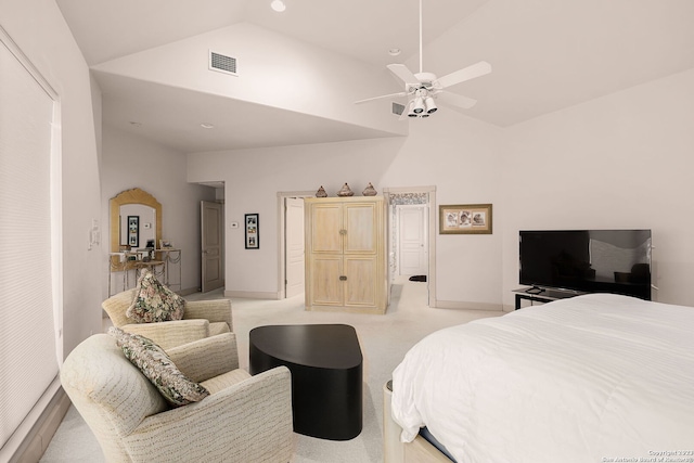 carpeted bedroom featuring high vaulted ceiling and ceiling fan