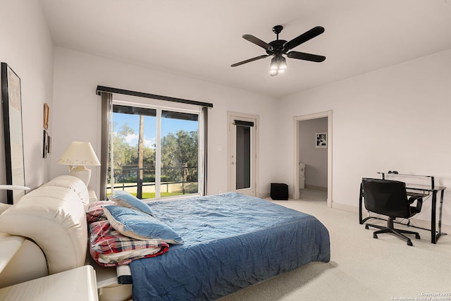 carpeted bedroom featuring connected bathroom, access to outside, and ceiling fan