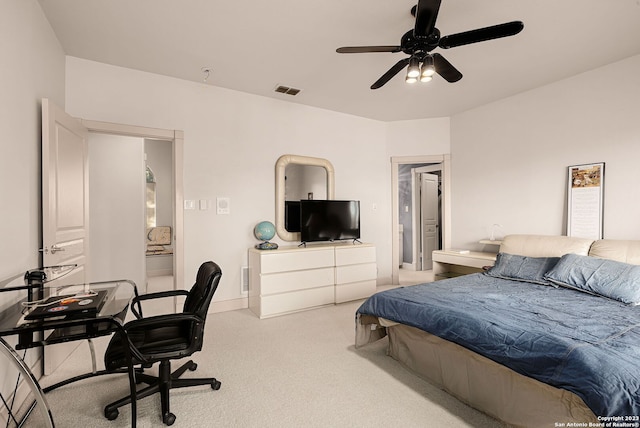 bedroom with ceiling fan and light colored carpet