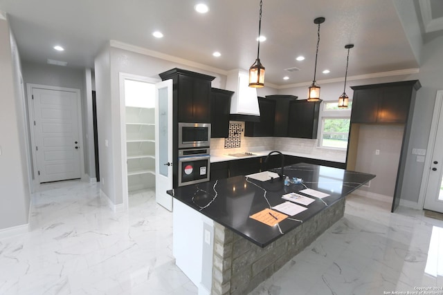 kitchen featuring a kitchen island, backsplash, hanging light fixtures, ornamental molding, and stainless steel appliances