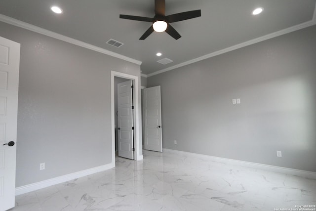 unfurnished bedroom featuring ornamental molding and ceiling fan