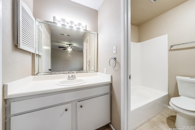 full bathroom featuring shower / bath combination, vanity, ceiling fan, tile patterned flooring, and toilet