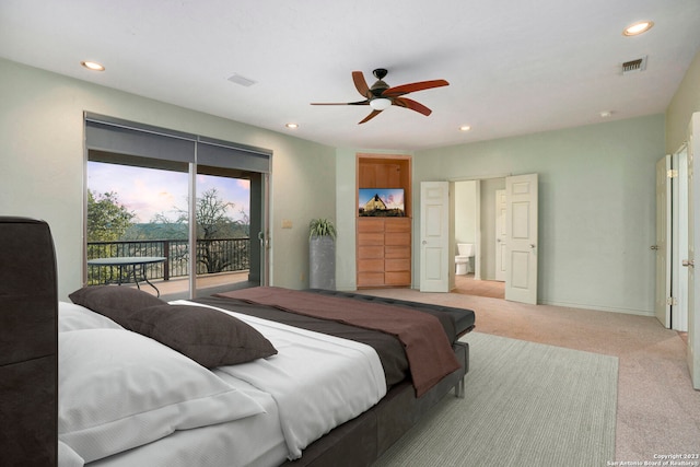 carpeted bedroom featuring access to outside and ceiling fan