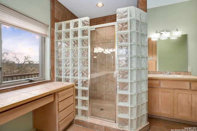 bathroom featuring vanity, tile patterned flooring, and tiled shower