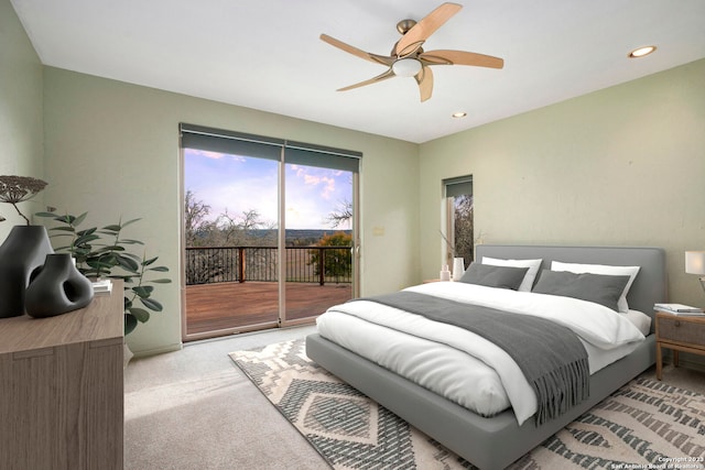 bedroom with access to exterior, light carpet, and ceiling fan