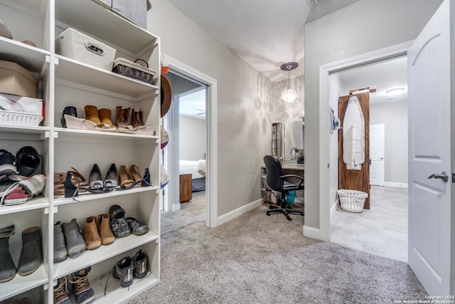 walk in closet with light colored carpet