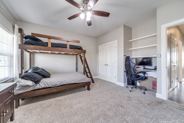 bedroom featuring carpet floors and ceiling fan