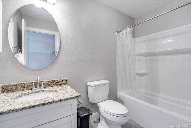 full bathroom with toilet, vanity, and shower / tub combo with curtain