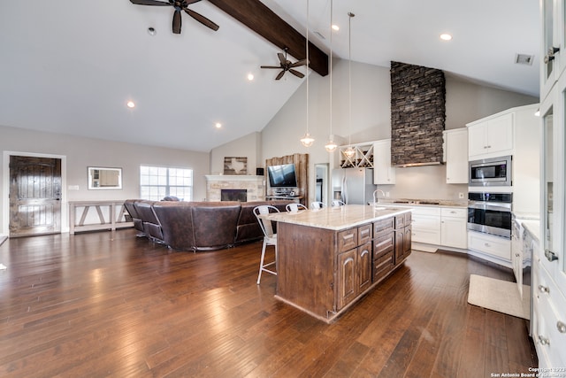 kitchen featuring high vaulted ceiling, ceiling fan, stainless steel appliances, and an island with sink