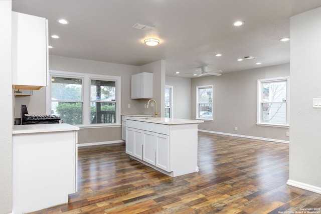 kitchen with white cabinets, plenty of natural light, sink, and dark wood-type flooring